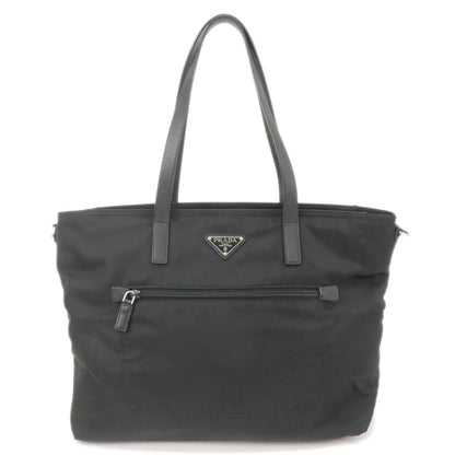 Prada Logo Nylon Leather Tote Bag Shoulder Bag Black BR4842