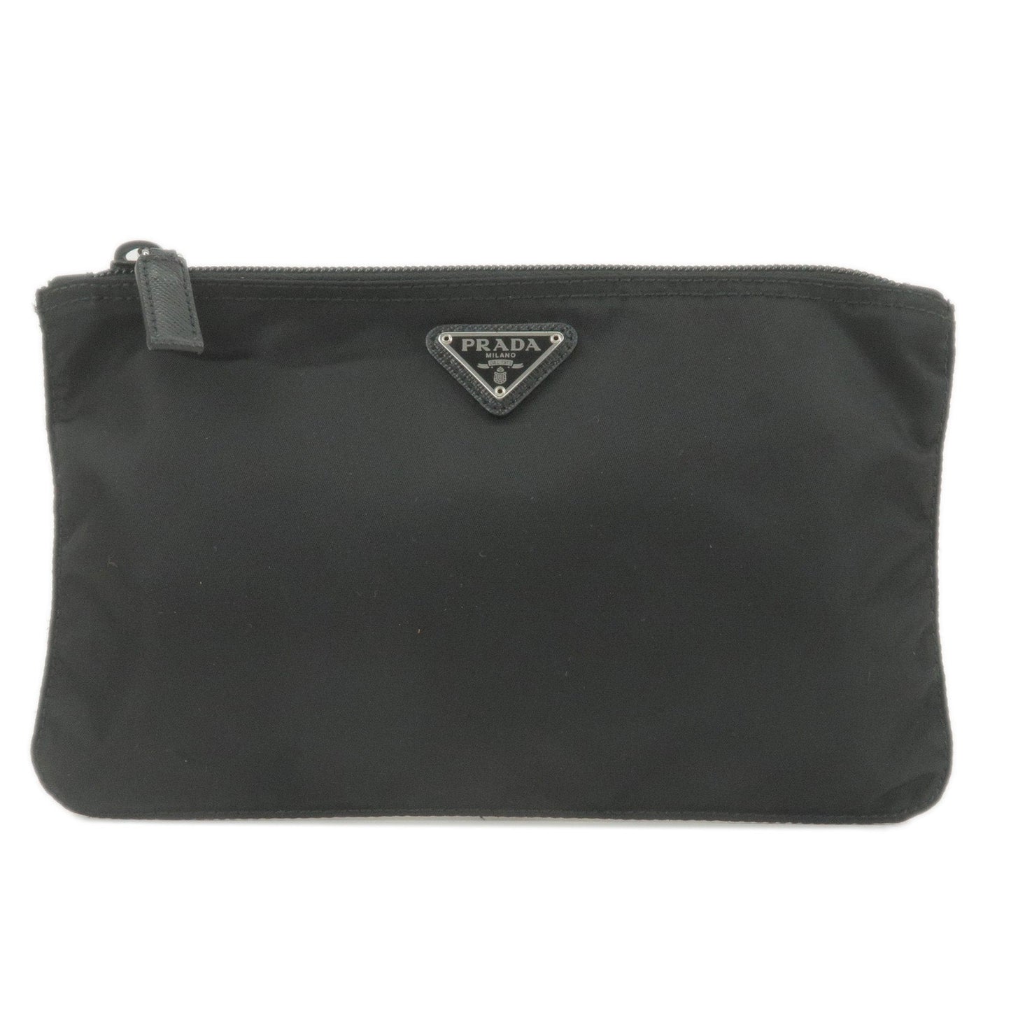 Prada Logo Nylon Leather Pouch Clutch Cosmetic Bag NERO Black