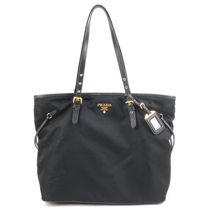 Prada Logo Nylon Leather Tote Bag Black Noir 1BG997