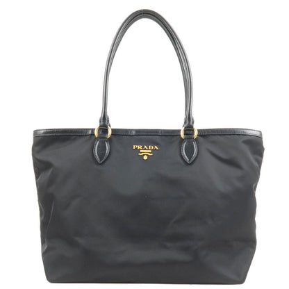 Prada Logo Nylon Leather Tote Bag Black Noir