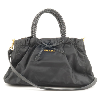 Prada Nylon Leather Ribbon 2Way Bag Shoulder Bag NERO Black