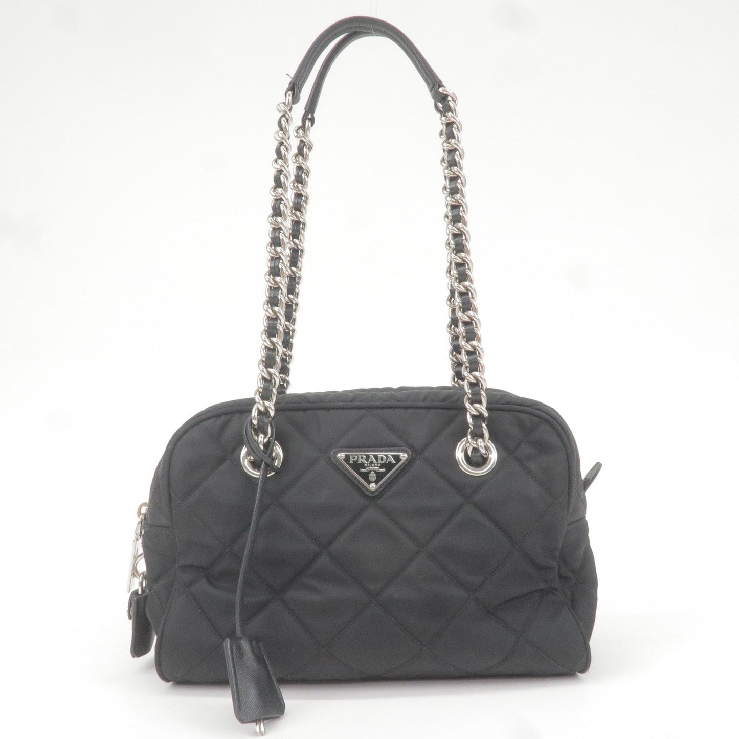 Prada Nylon Leather Quilting Chain Shoulder Bag Black 1BB072