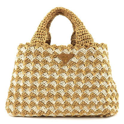 Prada Logo Raffia Crochet Tote Bag Hand Bag Beige Ivory BN2303