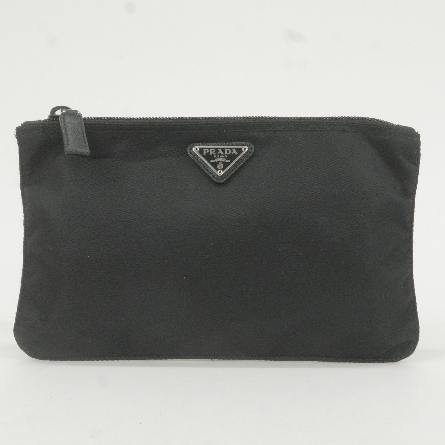 Prada Logo Nylon Leather Pouch Clutch Cosmetic Bag NERO Black