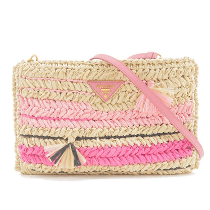 Prada Raffia Tricot Leather Shoulder Bag Beige Pink 1BF071