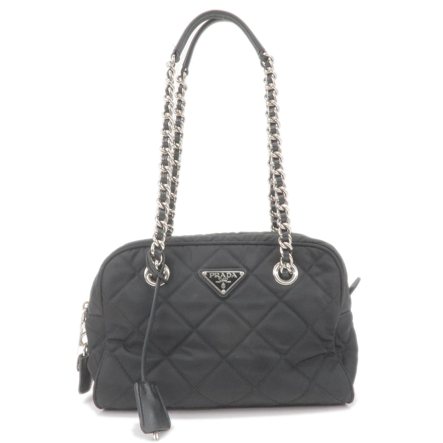 Prada Nylon Leather Quilting Chain Shoulder Bag Black 1BB072