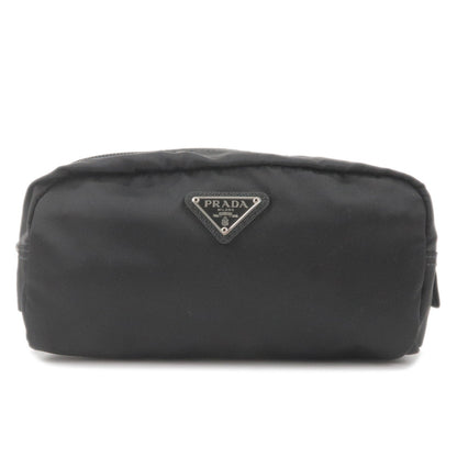 Prada Logo Nylon Leather Pouch Clutch Bag NERO Black 1NA350