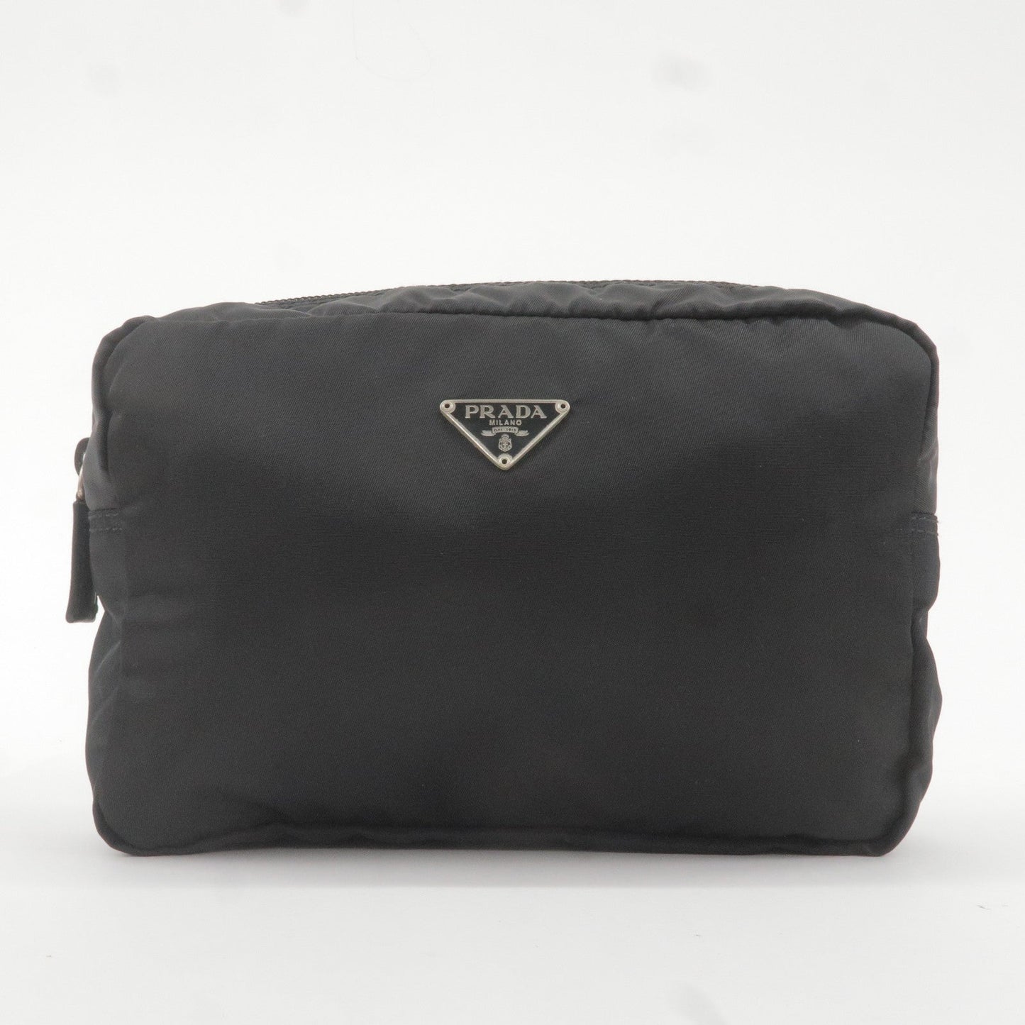 Prada Logo Nylon Leather Pouch Cosmetic Bag NERO Black MV348