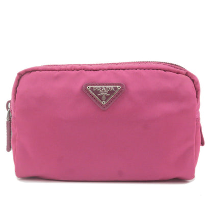 Prada Logo Nylon Leather Pouch Cosmetic Bag Pink 1N0021