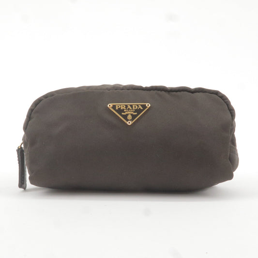 Prada Logo Nylon Leather Pouch Cosmetic Bag Brown 1N0175