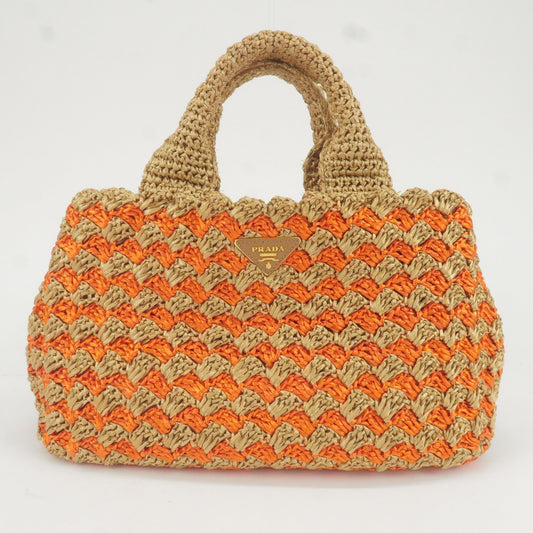 Prada Logo Raffia Crochet Tote Bag Hand Bag Brown Orange BN2303