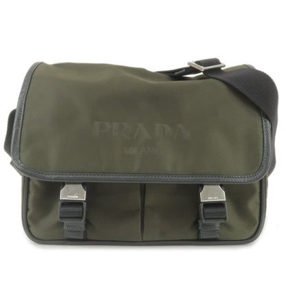 Prada Logo Nylon Leather Shoulder Bag Crossbody Bag Khaki Black