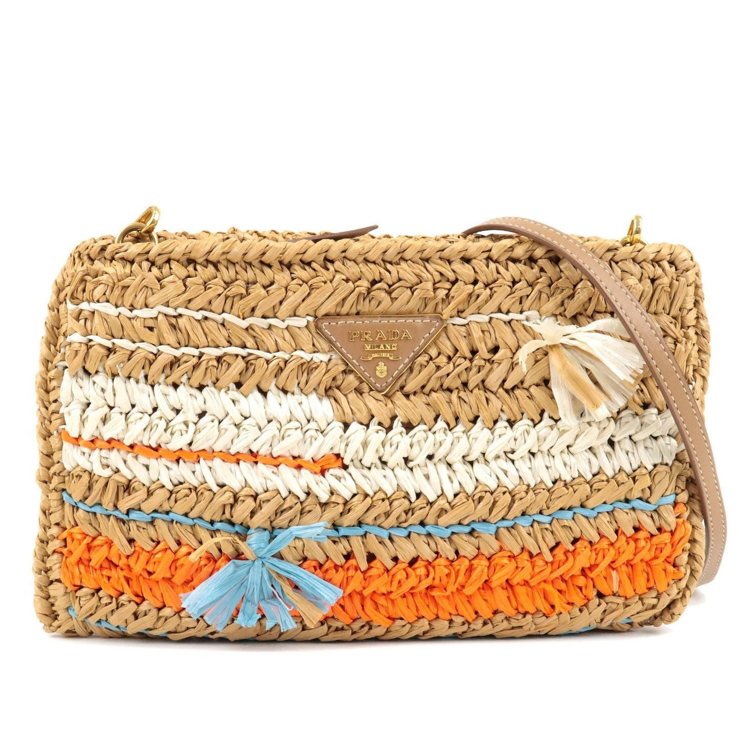 Prada Raffia Tricot Leather Shoulder Bag Beige Orange 1BF071