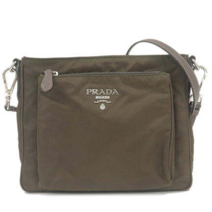 Prada Logo Nylon Leather Shoulder Bag Purse Khaki BT0693