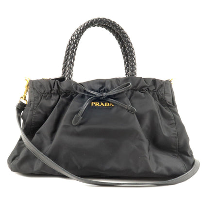 Prada Nylon Leather Ribbon 2Way Bag Shoulder Bag NERO Black