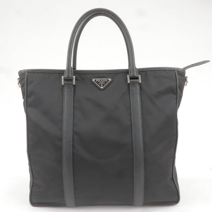 Prada Logo Nylon Leather Tote Bag NERO Black 2VG034