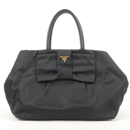 Prada Nylon Leather Ribbon Tote Bag NERO Black