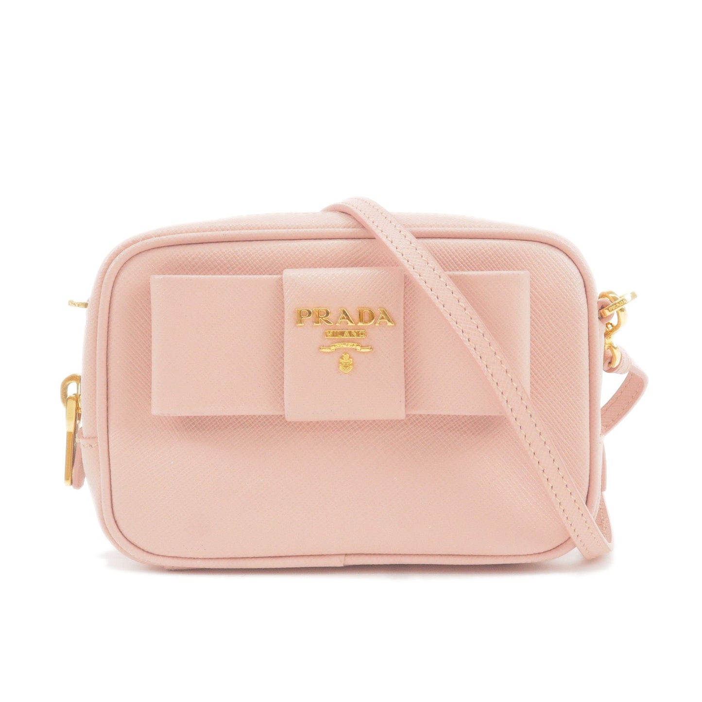 Prada Logo Ribbon Leather Shoulder Bag Mini Purse Pink 1NF674