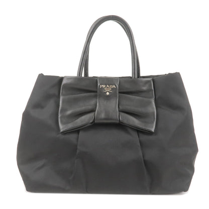 Prada Logo Nylon Leather Ribbon Tote Bag Black NERO BN1601