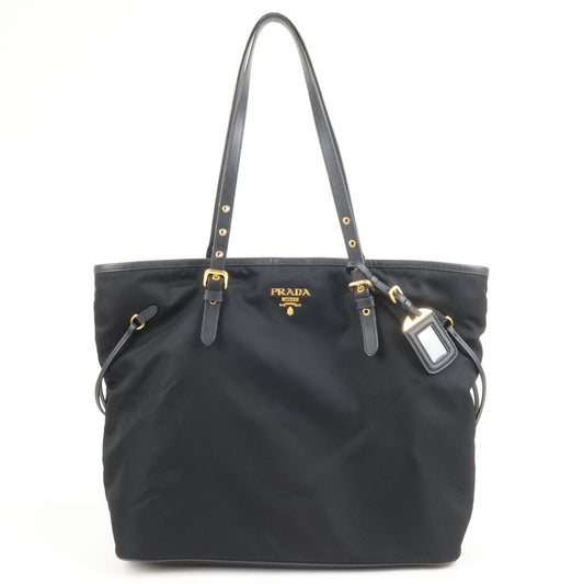 Prada Logo Nylon Leather Tote Bag Black Noir 1BG997