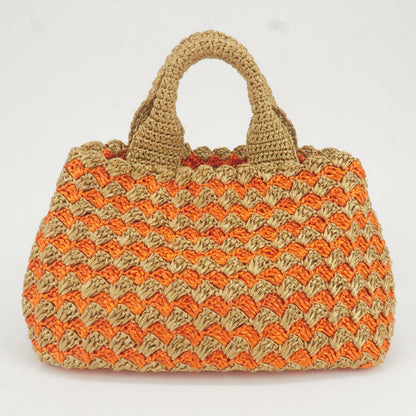 Prada Logo Raffia Crochet Tote Bag Hand Bag Brown Orange BN2303