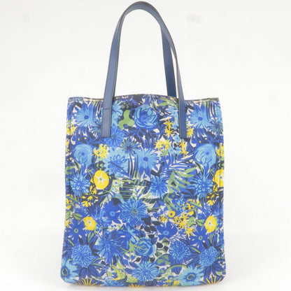 Prada Logo Nylon Leather Tote Bag Floral Print Blue BN2851