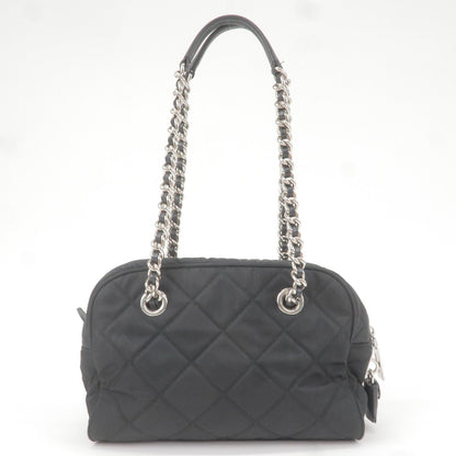 Prada Nylon Leather Quilting Chain Shoulder Bag Black 1BB072