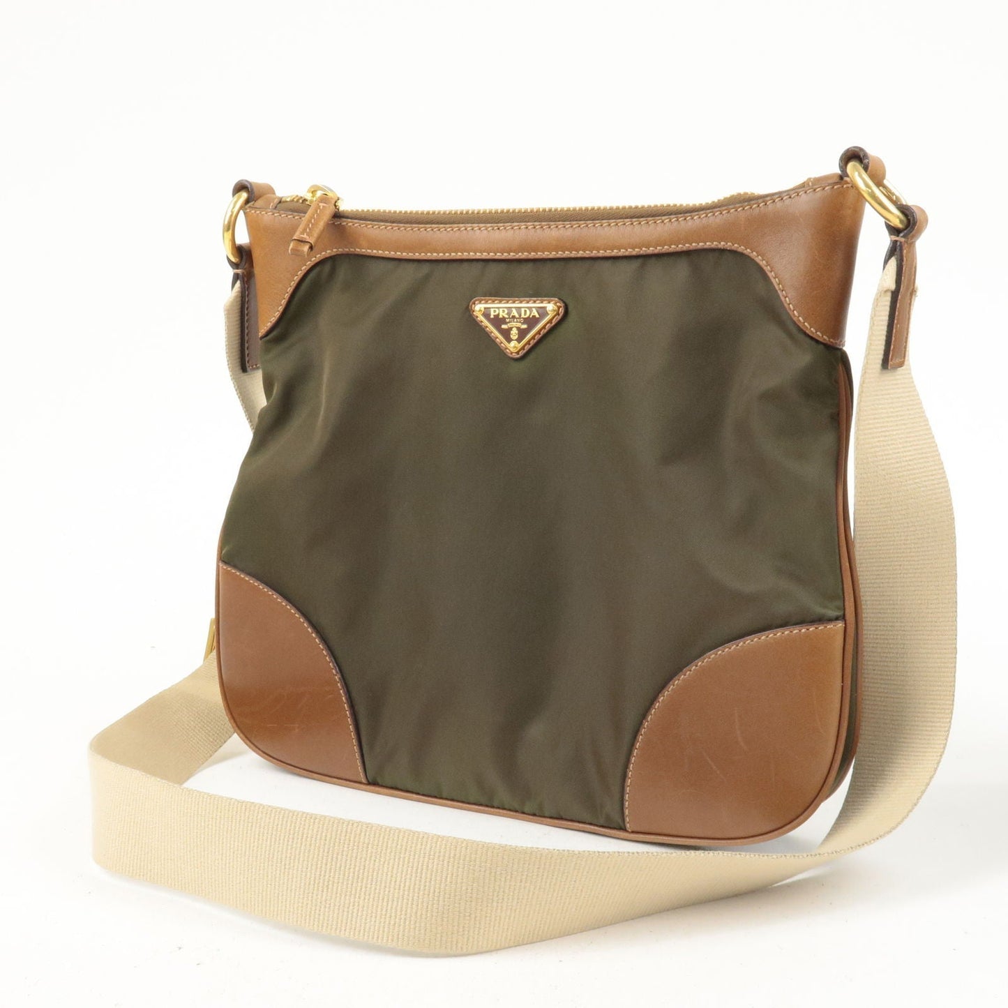 Prada Nylon Leather Shoulder Bag Khaki Brown