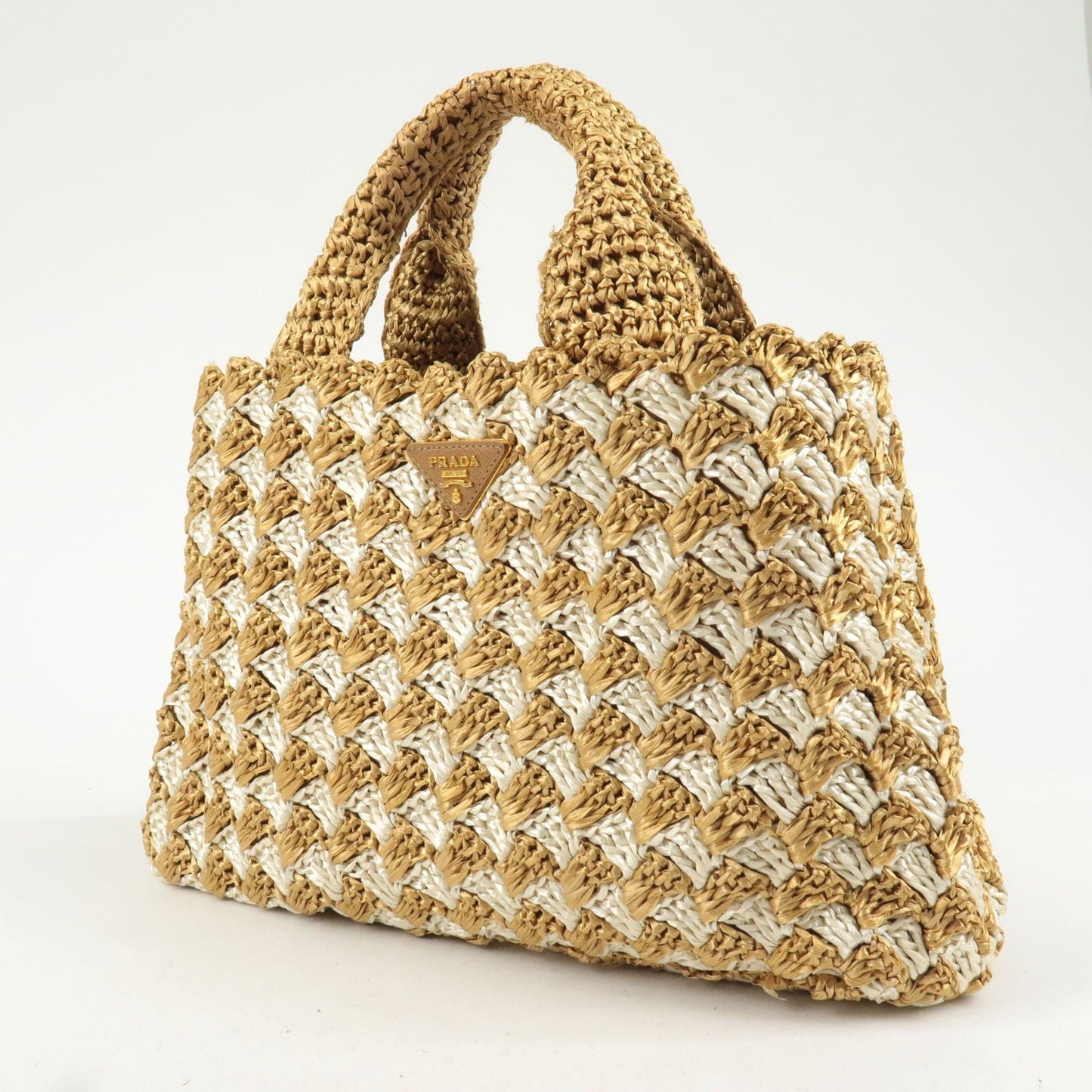 Prada Logo Raffia Crochet Tote Bag Hand Bag Beige Ivory BN2303