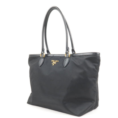 Prada Logo Nylon Leather Tote Bag Black Noir