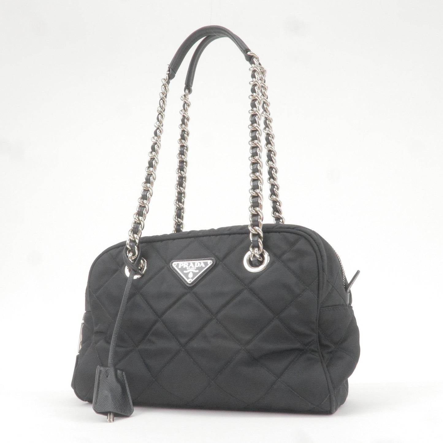 Prada Nylon Leather Quilting Chain Shoulder Bag Black 1BB072