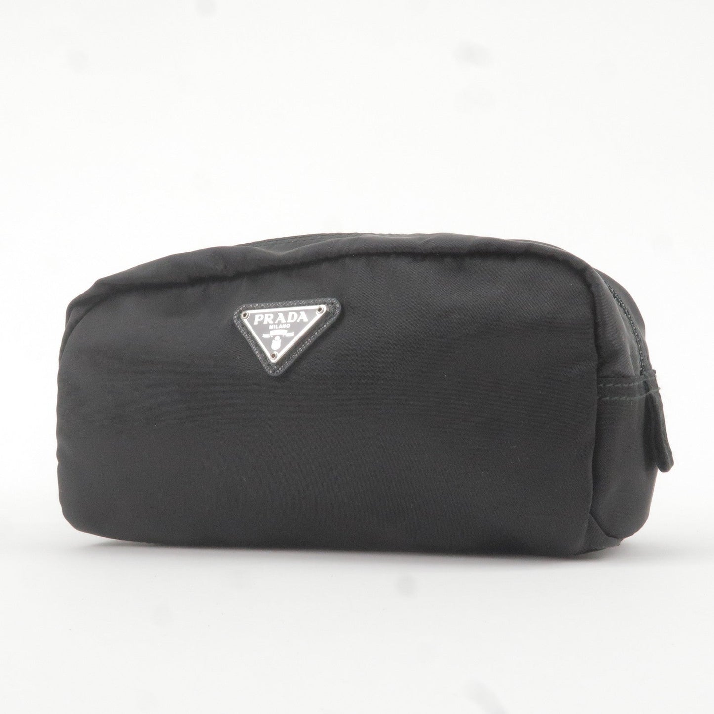 Prada Logo Nylon Leather Pouch Clutch Bag NERO Black 1NA350