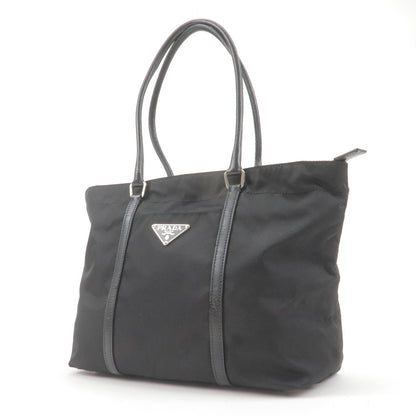 Prada Logo Nylon Leather Tote Bag Hand Bag NERO Black