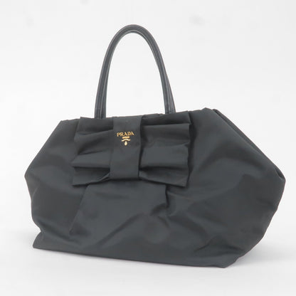 Prada Nylon Leather Ribbon Hand Bag NERO Black BN1601