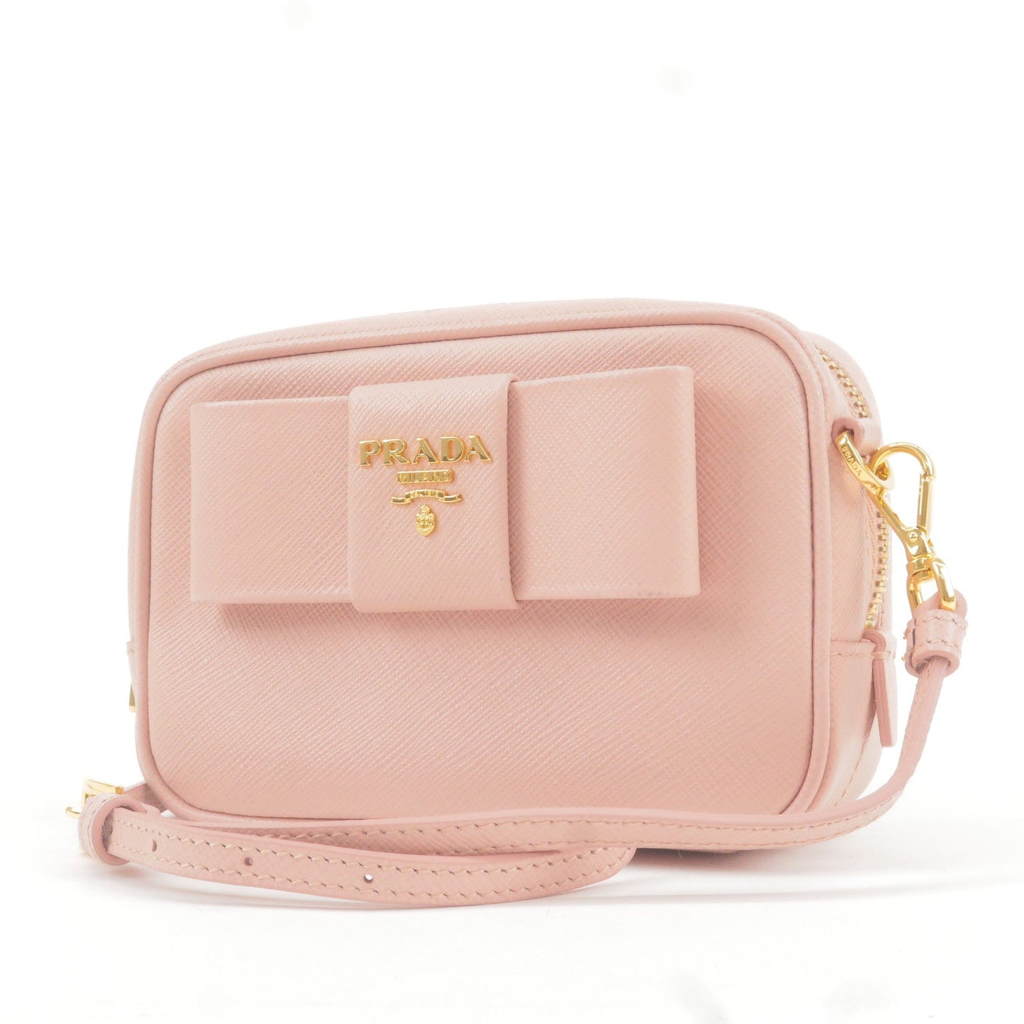 Prada Logo Ribbon Leather Shoulder Bag Mini Purse Pink 1NF674