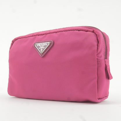 Prada Logo Nylon Leather Pouch Cosmetic Bag Pink 1N0021