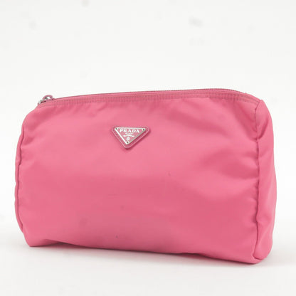 Prada Nylon Leather Cosmetic Pouch Clutch Bag Pink 1N0012