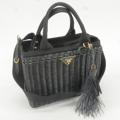 Prada Wicker Canvas 2Way Basket Bag Hand Bag Black 1BG835