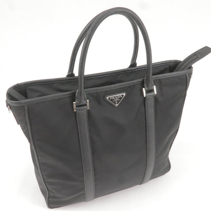 Prada Logo Nylon Leather Tote Bag NERO Black 2VG034