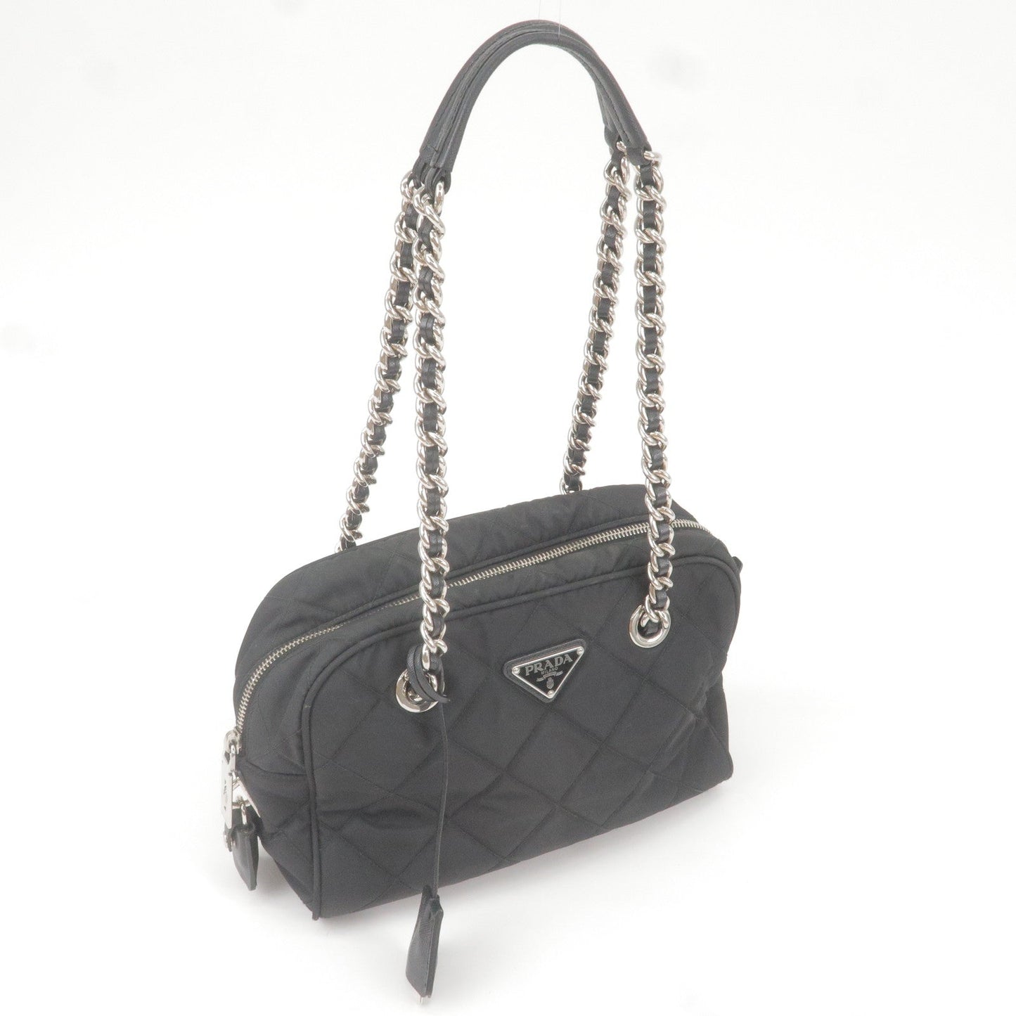 Prada Nylon Leather Quilting Chain Shoulder Bag Black 1BB072