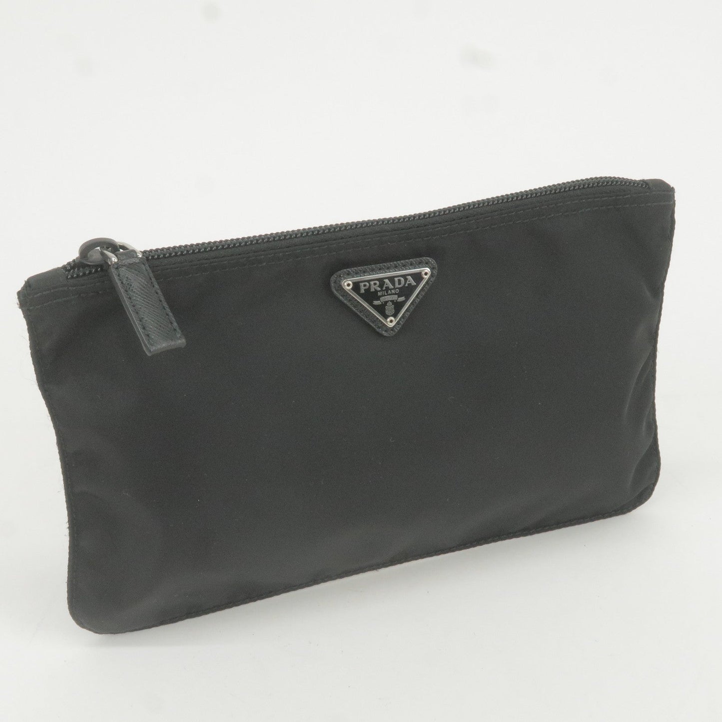 Prada Logo Nylon Leather Pouch Clutch Cosmetic Bag NERO Black