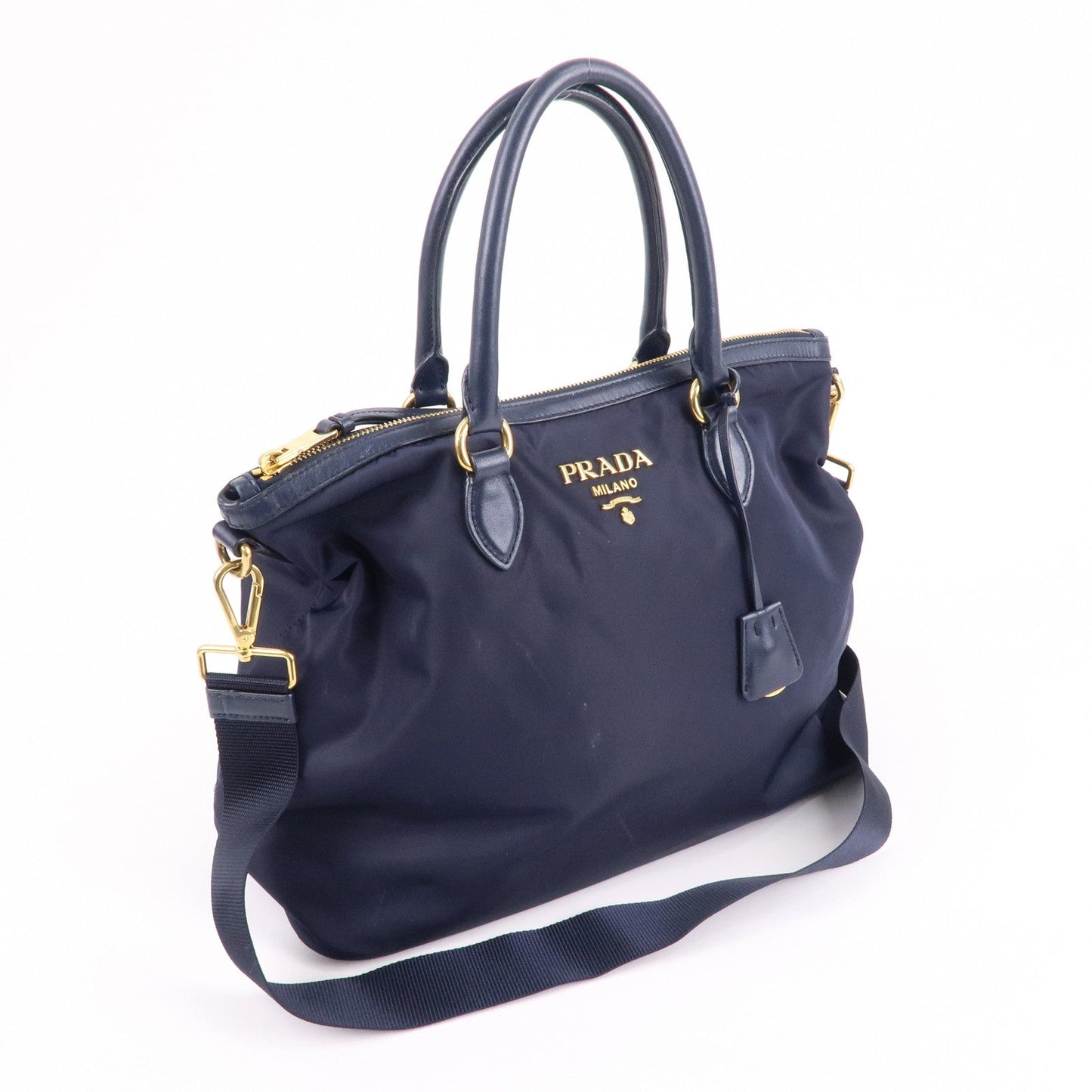 Prada Nylon Leaether Tote Bag Shoulder Bag Navy 1BC060