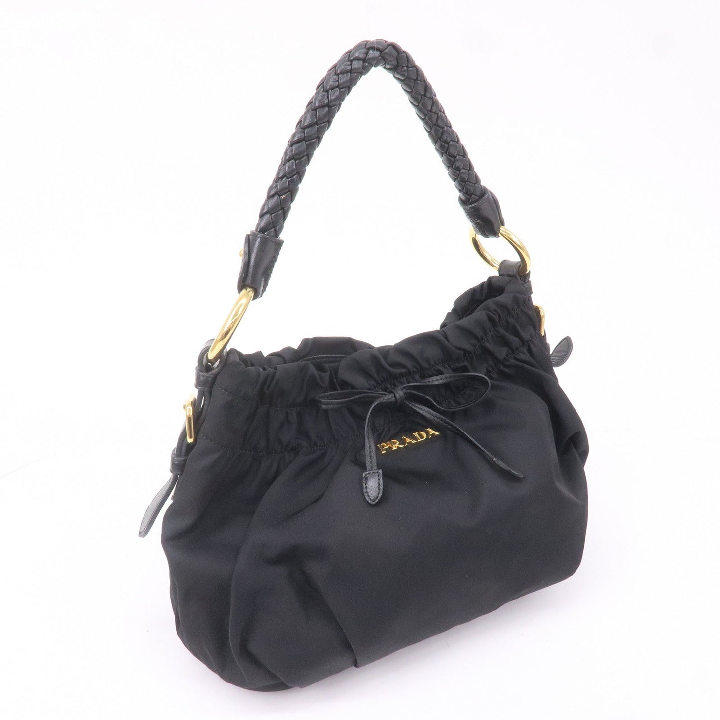 Prada Nylon Leather Gather Hand Bag Shoulder Bag Black