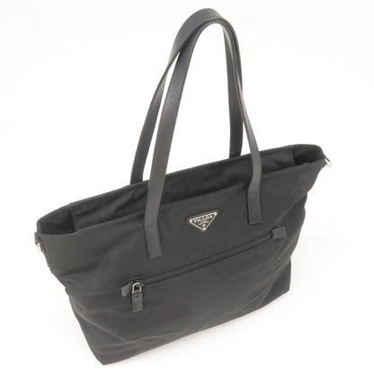 Prada Logo Nylon Leather Tote Bag Shoulder Bag Black BR4842