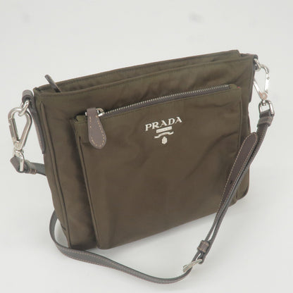 Prada Logo Nylon Leather Shoulder Bag Purse Khaki BT0693