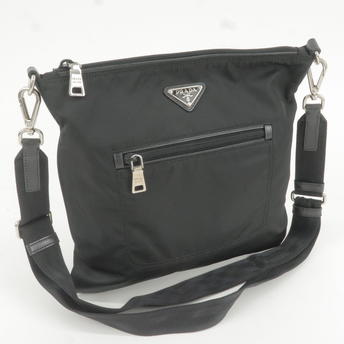 Prada Logo Nylon Leather Shoulder Bag Black Detachable Strap