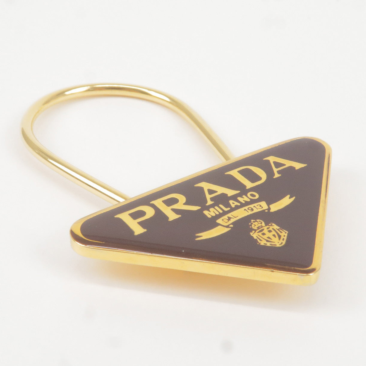 Prada Metal Triangle Logo Key Chain Bag Charm M285 Brown Gold