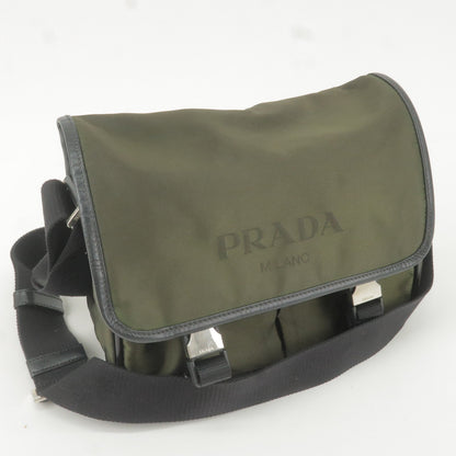 Prada Logo Nylon Leather Shoulder Bag Crossbody Bag Khaki Black