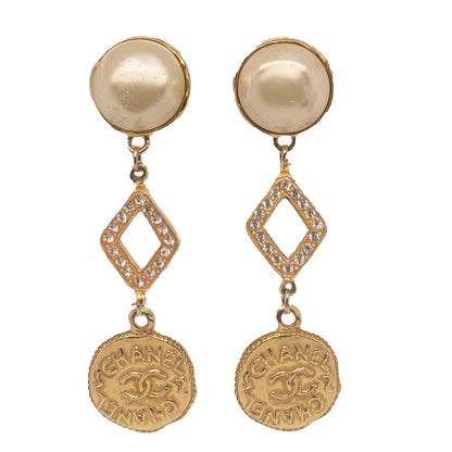 CHANEL  Vintage 1970s Faux Pearl Medallion CC '' Clip-On Earrings