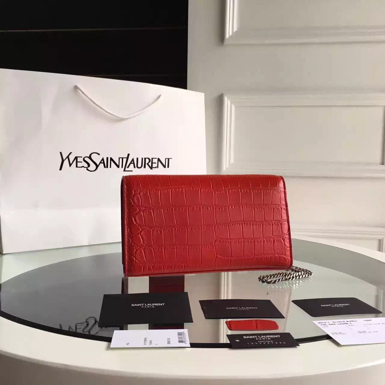 Yves Saint Laurent Medium Monogram Tassel Satchel In Red Crocodile Leather